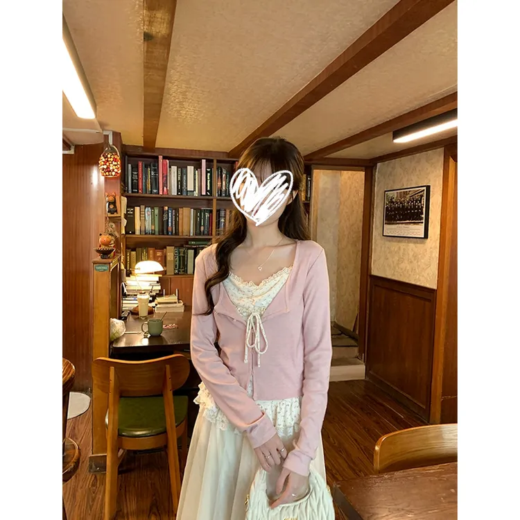 甜美风蕾丝拼接碎花吊带纯色开衫两件套Q 9522#