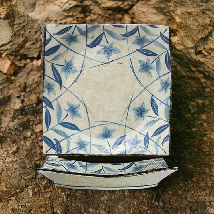 黄泥桔梗正方盘釉下彩17菜盘复古手绘家用菜盘米饭碗