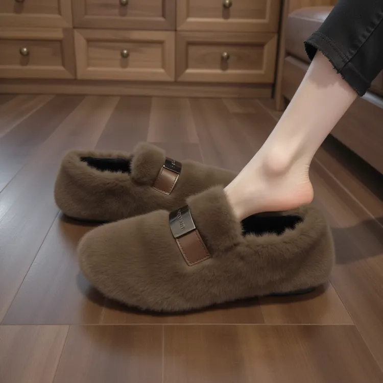 【兔毛绒】毛毛鞋女冬外穿时尚金属扣圆头平底软底一脚蹬加绒单鞋