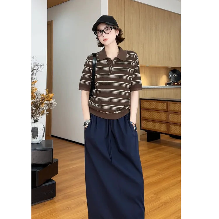 YYOUHAN 2025新款【夏日摩卡】极简咖色条纹POLO针织T恤 2507C4130