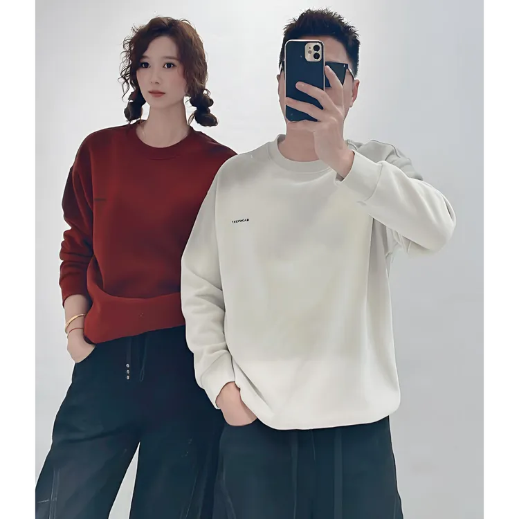 JZS韩版圆领卫衣男装做旧撞色上衣渐变色加绒加厚卫衣