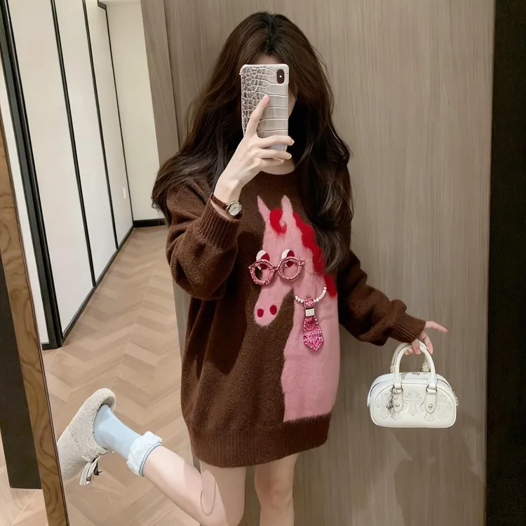 咖色小马提花针织衫女冬季新款可外穿内搭慵懒高级感圆领宽松毛衣