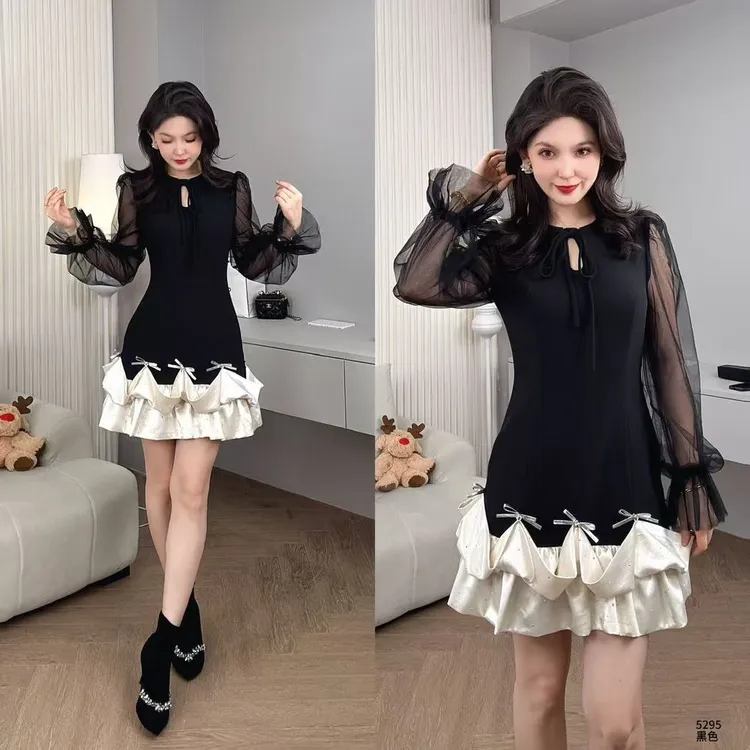 Saeda品牌女装设计感蝴蝶结网纱泡泡袖小礼服连衣裙YF5295