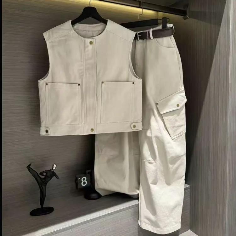 2025早秋设计师原创大兜宽松显瘦马甲牛仔套装女（衣长50.裤长102）