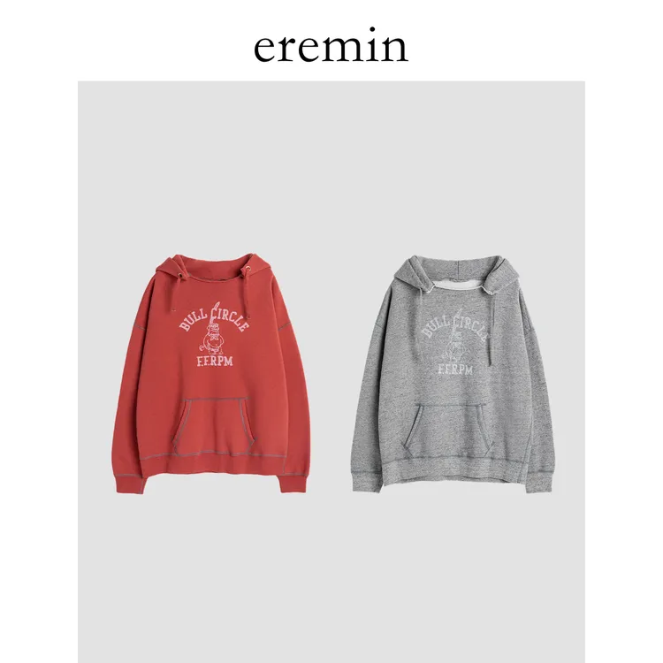 DE ncollection植绒印花卫衣/一字卷边领全棉加绒连帽卫衣59402