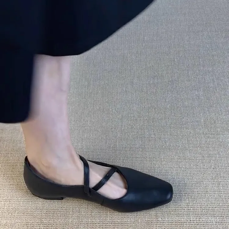羊皮版~极简row风圆头平底单鞋交叉带玛丽珍鞋法式气质芭蕾舞鞋女
