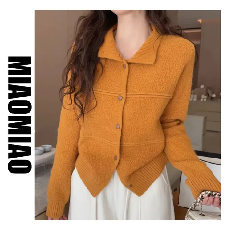 【大码】【桔色物语】新款韩版立领可翻领针织开衫女气质百搭毛衣5103