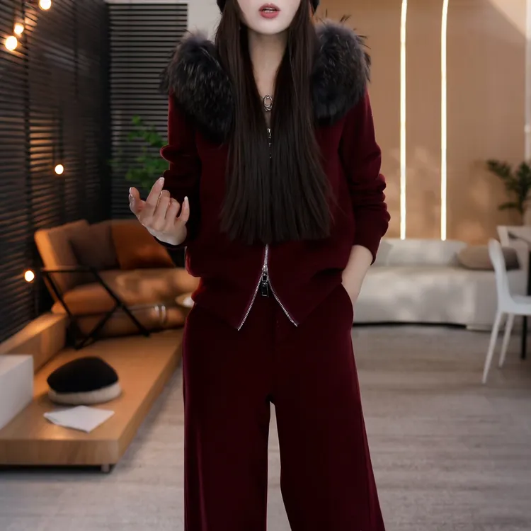 2025超火冬装一整套女可拆卸毛毛领拉链开衫上衣阔腿裤加绒两件套