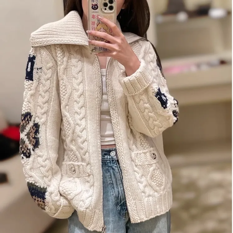 慵懒风毛衣外套女款爆款2025新款冬款双拉链翻领提花针织开衫上衣