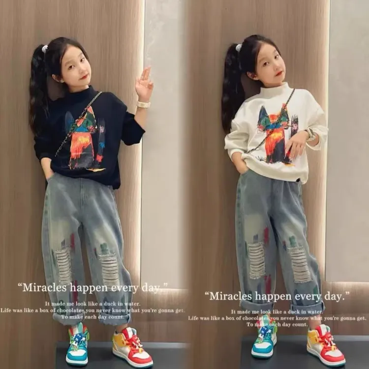 潮酷儿童涂鸦猫咪圆领卫衣春秋新款女童洋气网红破洞牛仔裤两件套