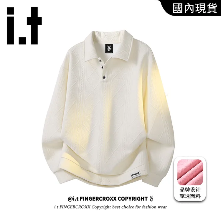 i.t FINGERCROXX美式提花卫衣男士秋季潮牌肌理感翻领长袖t恤百搭