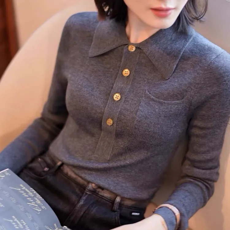 纯色翻领套头气质上衣百搭显瘦长袖针织衫洋气御姐POLO领上衣女