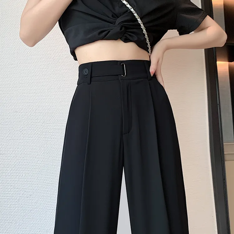 窄版西装黑色女夏季薄款修身百搭宽松拖地小个子垂感休闲裤阔腿裤