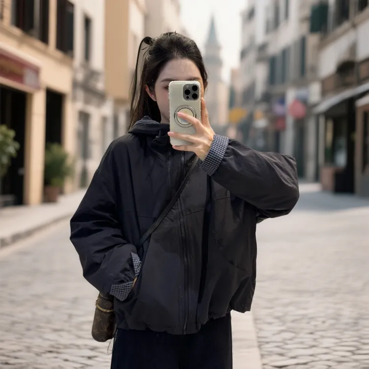 宿慕SUMU格子棉衣棉服女连帽短款夹克外套2025新款夹棉上衣88857