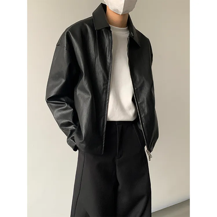 小众秋冬极简拉链PU皮衣外套高级质感皮夹克短款宽松翻领休闲男