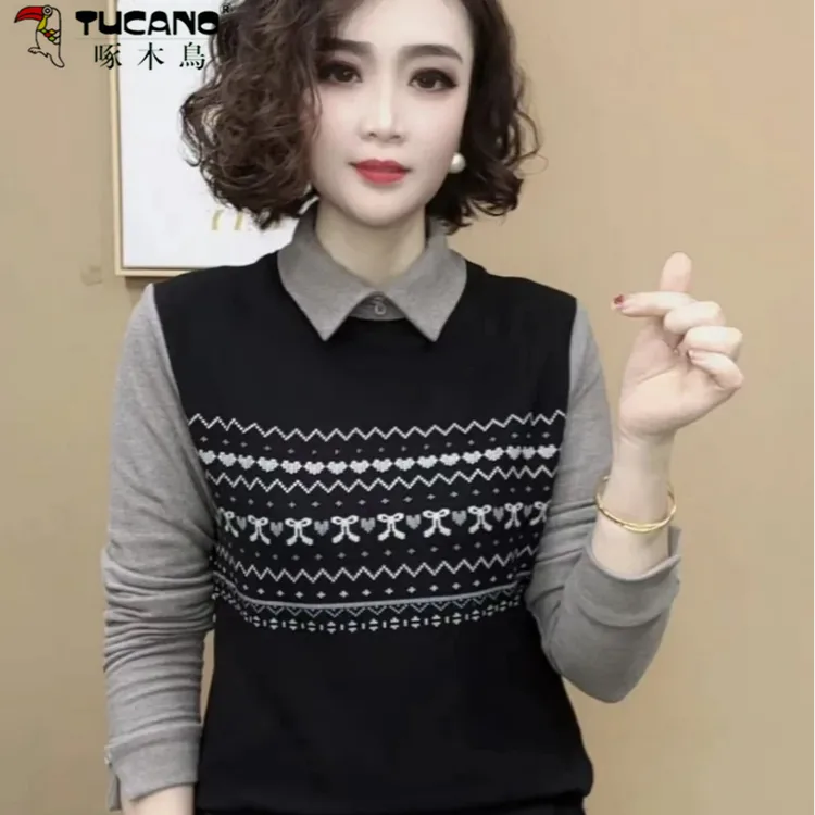 啄木鸟正品长袖假两件德绒新款打底衫设计感时尚百搭女士上衣女