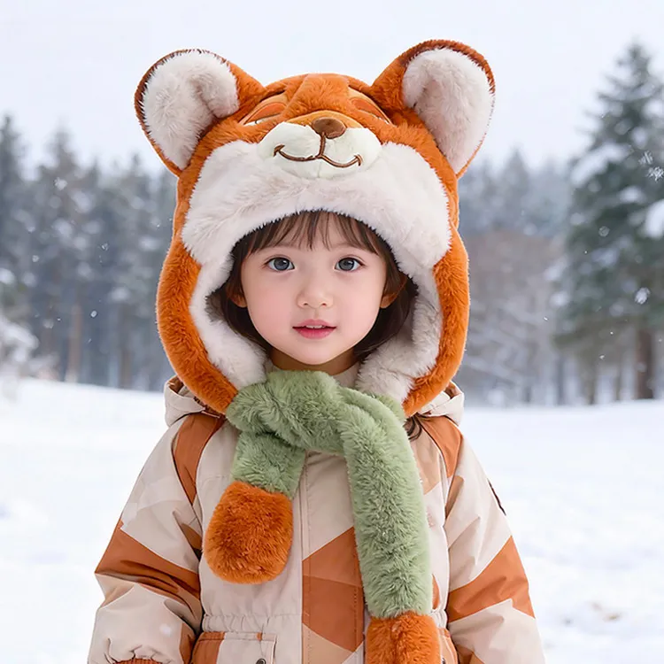 疯狂动物城儿童帽子围巾一体冬季男女童狐狸杰克毛绒会动的耳朵帽