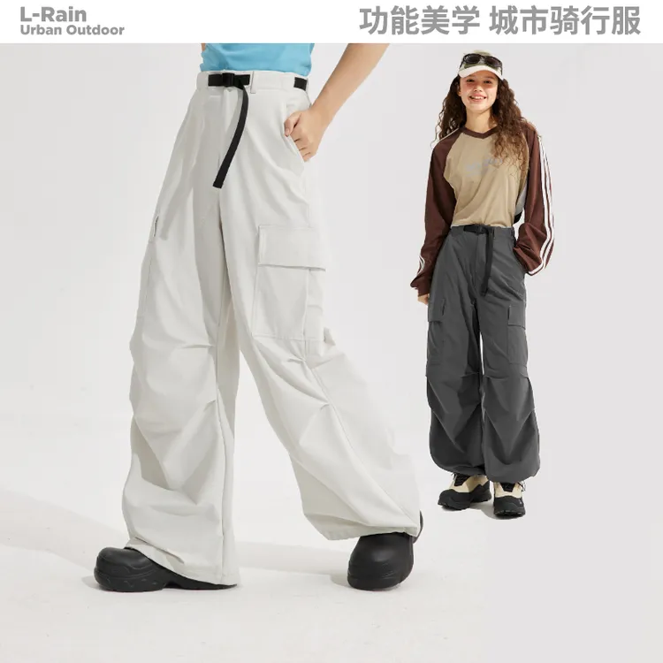 衷情雨工装裤女款显瘦直筒阔腿裤束脚美式宽松登山裤伞兵男款