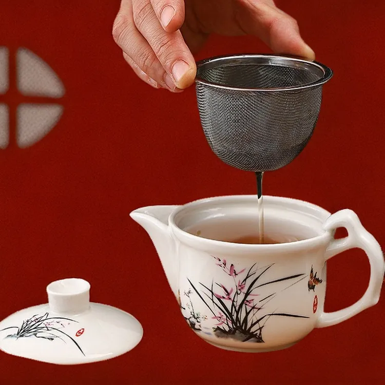 陶瓷茶壶青花白瓷把手抓功夫茶具泡茶中式茶隔带盖过滤器防烫白瓷