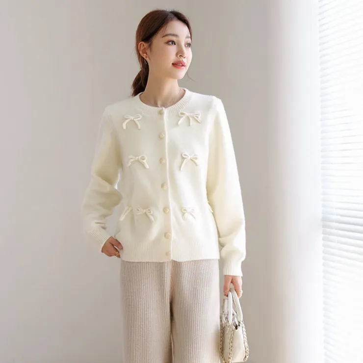 奢姿大码女装2025冬款时尚蝴蝶结装饰针织开衫胖妹妹气质简约