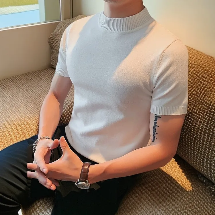 [明星同款针织短袖男]男装春秋新款男士半高领针织打底衫男修身纯