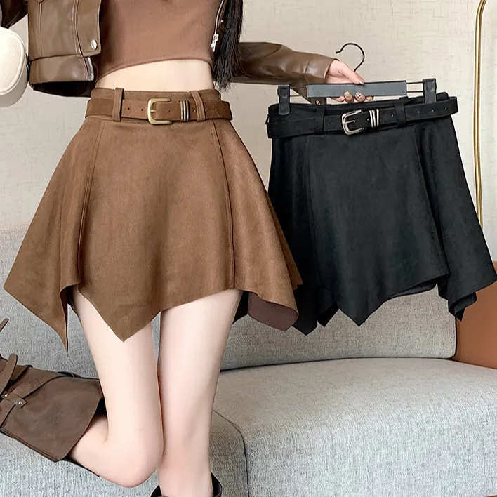 设计感咖色麂皮绒不规则半身裙女秋冬季2025新款高腰显瘦a字伞裙