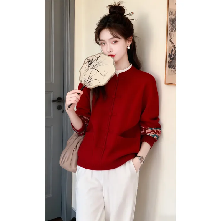 春秋款高级感超好看慵懒风独特别致新中式国风红色针织衫时髦女
