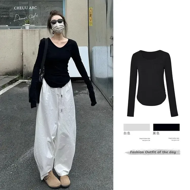 纯色2025早秋新款酷飒拽姐黑色V领长袖显瘦t恤打底女显瘦遮肉上衣