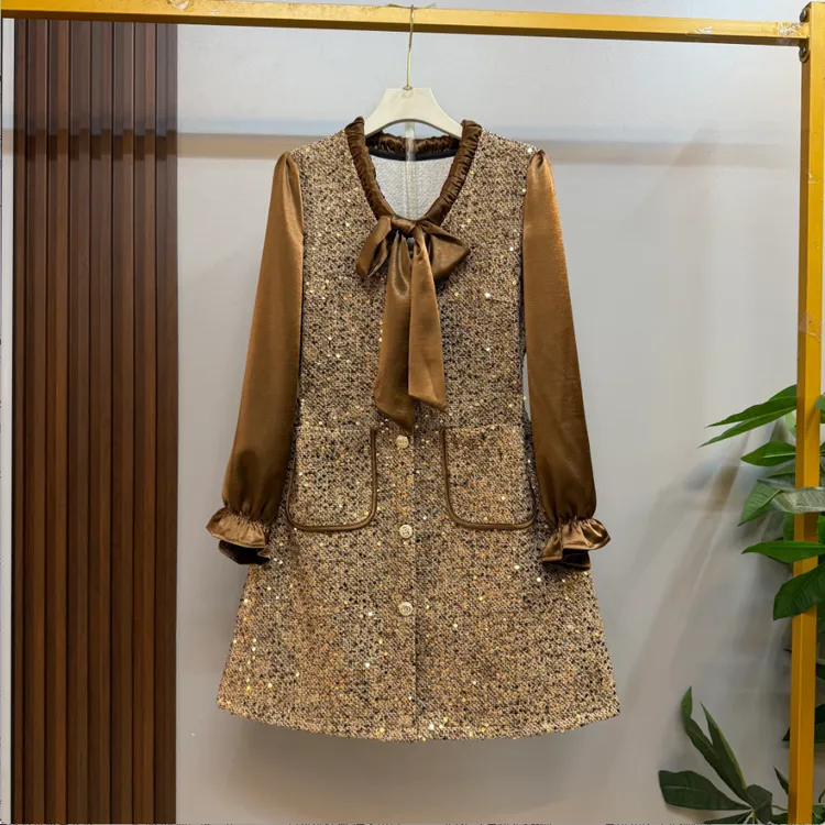 新款大码女装欧货时尚气质领带结设计高级显瘦小香风连衣裙