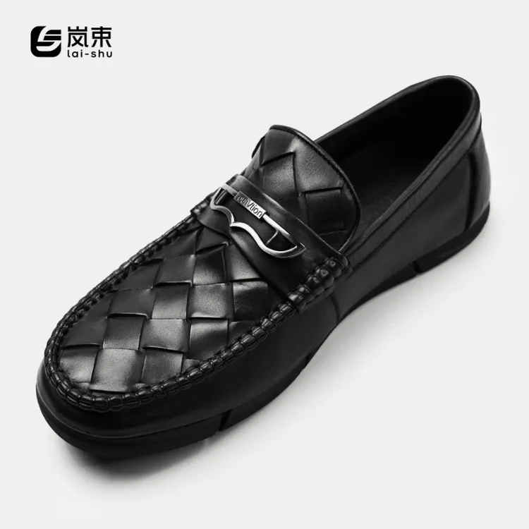 男士休闲鞋透气时尚编织真皮豆豆鞋软皮套脚舒适乐福男鞋潮流百