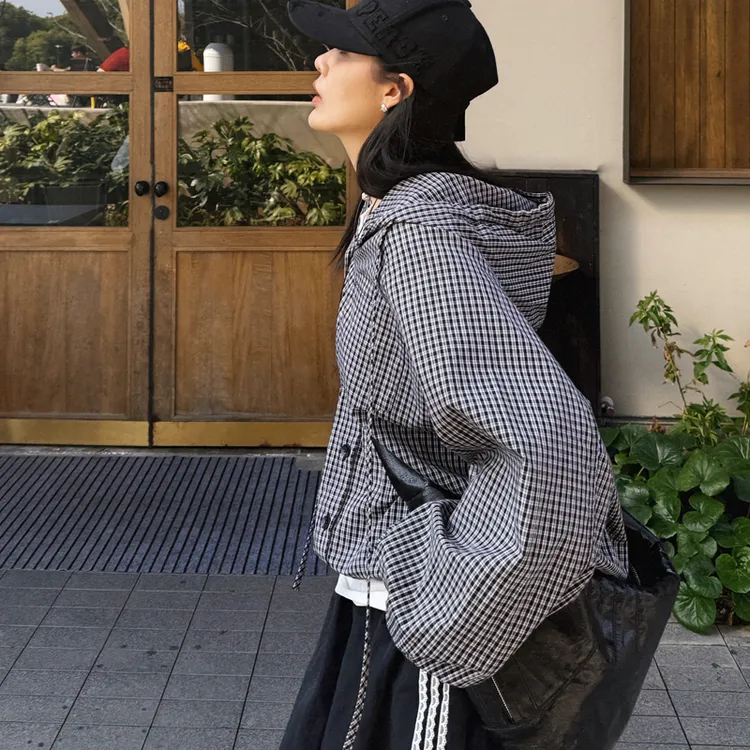 韩系复古连帽格子防晒服衬衫女2025春夏新款休闲宽松慵懒百搭外套