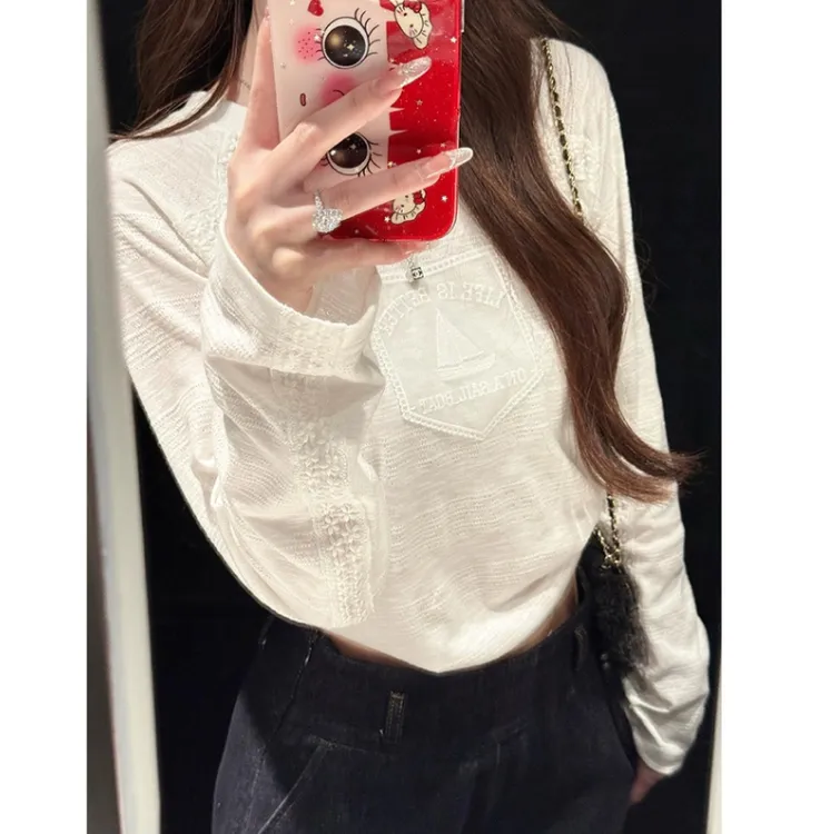帆船蕾丝韩系松弛感设计感拼接花边蕾丝白色长袖T恤女