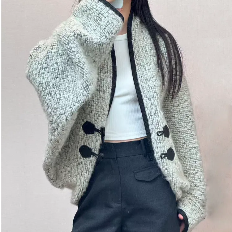【正确版】25秋冬新款设计感落肩黑灰宽松羊毛外套时尚百搭女上衣