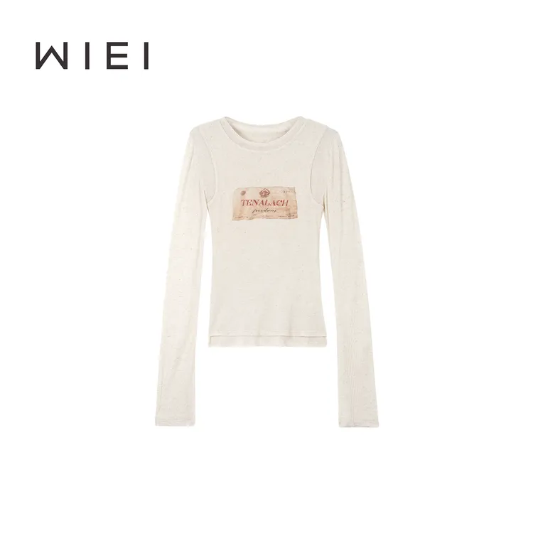 《WI EI》叠影*髙定亚麻美式复古印花分层双层长袖T恤W25300126