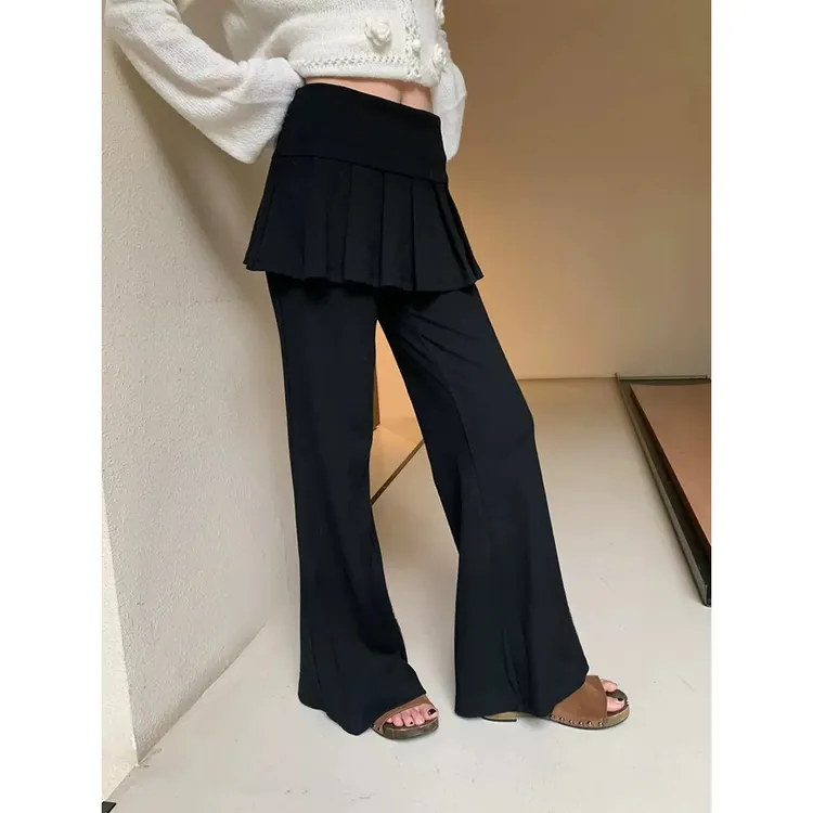 QYao Girls灰色假两件裤子女秋季韩系叠穿层次感直筒长裤微喇裤裙