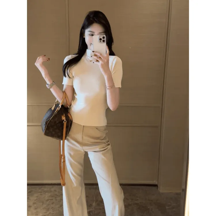 韩系高级感微喇休闲裤女2025夏季新款修身显瘦高腰宽松直筒阔腿裤