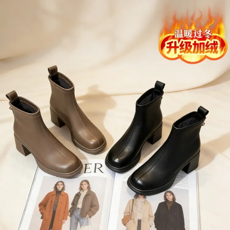 【源头工厂】冬季高跟瘦瘦靴方头粗跟短靴厚底秋季英伦风女靴-208