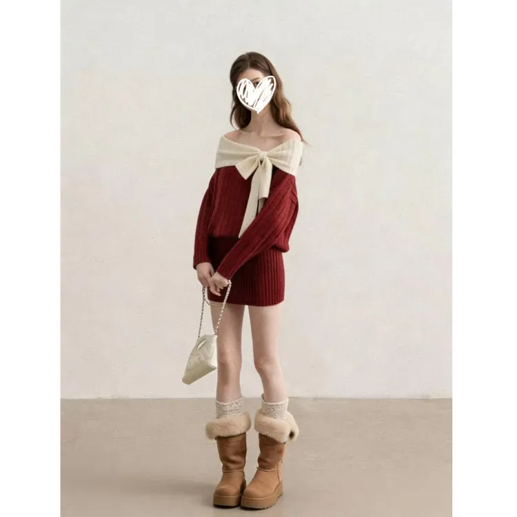 红色圣诞穿搭一字肩蝴蝶结长袖针织连衣裙女冬露肩短裙D1088