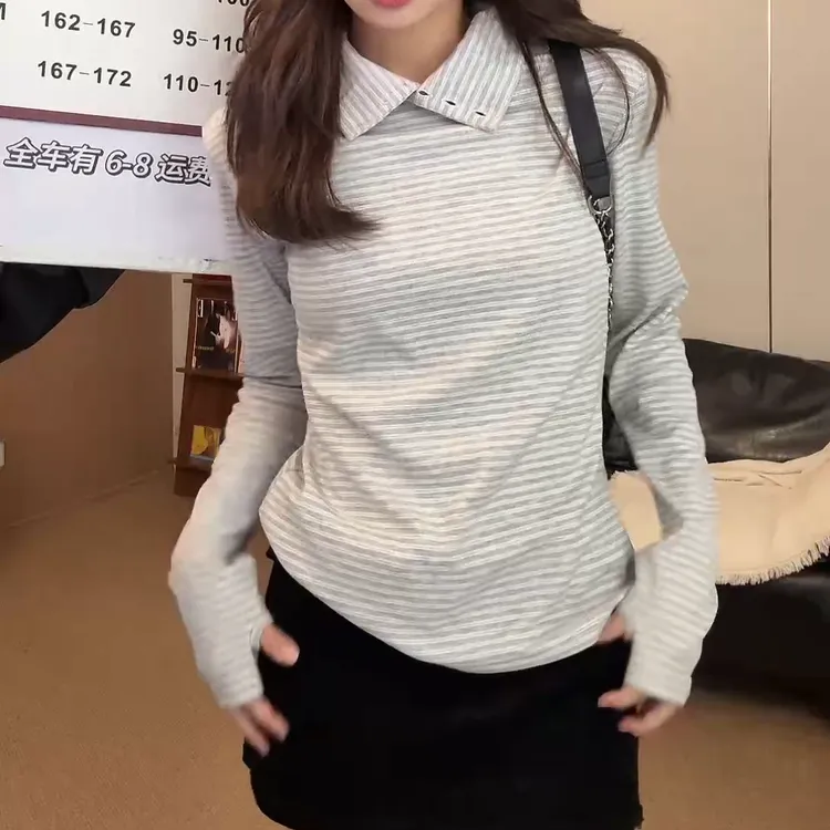 【条纹打底】秋冬新款复古显瘦长袖休闲时尚百搭T恤女W1049