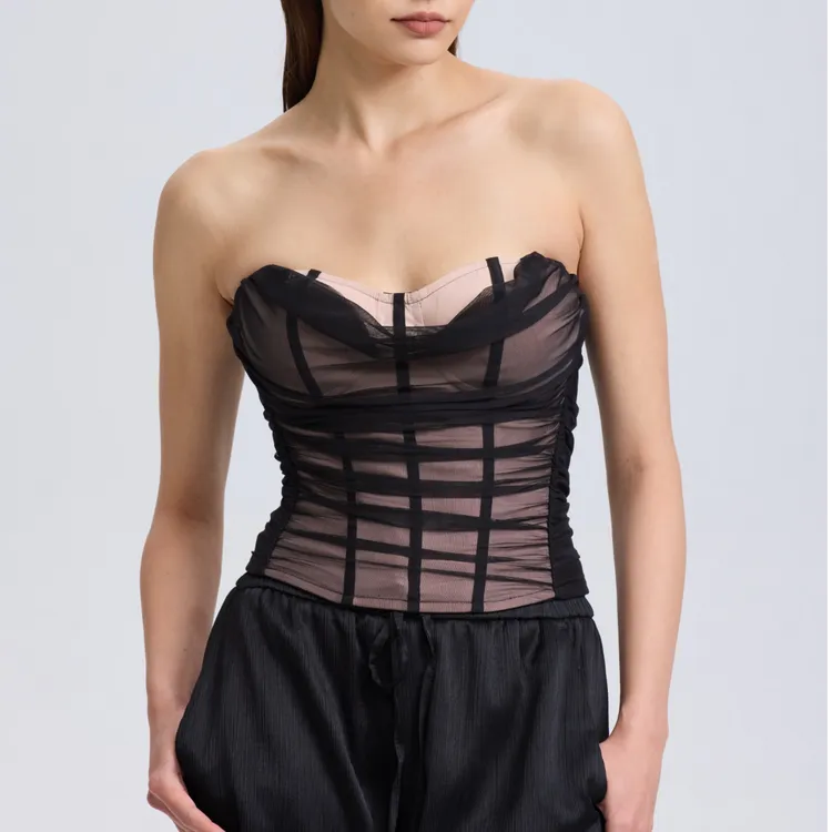 早秋福利CORSELET24春夏心领抹胸双侧薄纱抽褶撞色修身鱼骨胸衣
