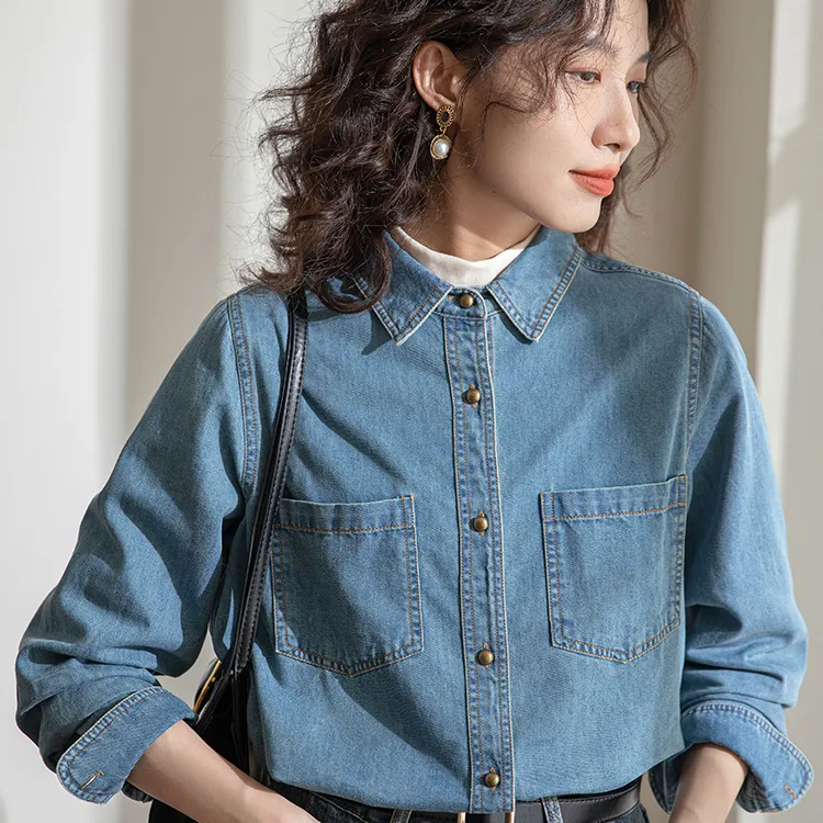 2025新款欧货复古牛仔衬衫女春秋法式宽松衬衣百搭长袖上衣女装
