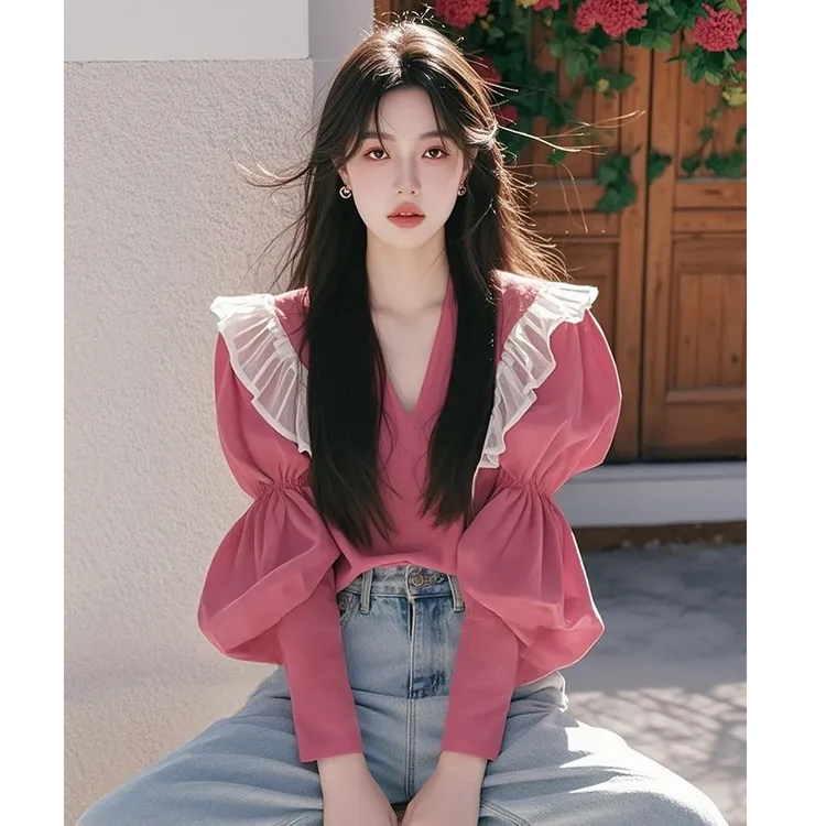 2025春季新款小衫超好看独特漂亮设计感粉色荷叶边拼接泡泡袖衬衫