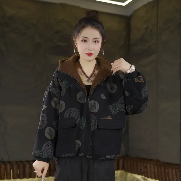 冬季新款加绒加棉加厚双面双穿时尚复古连帽棉衣棉服牛仔棉袄2656