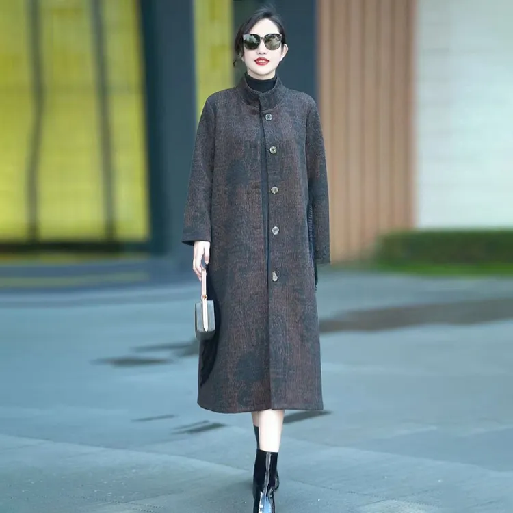 2592原版高档贵夫人风衣秋季新款高品质提花中长款50-60岁外套