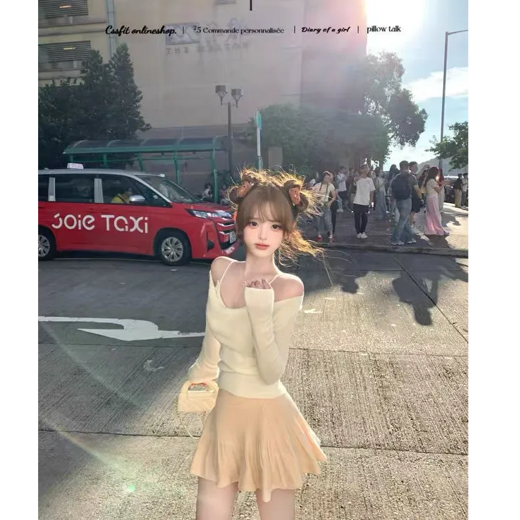 【粉莓心事】韩系甜美少女2025秋季假两件荡领针织上衣配半身裙套装