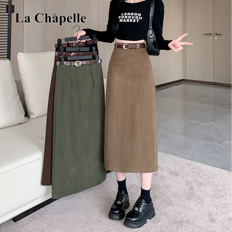 拉夏贝尔灯芯绒半身裙女秋冬直筒包臀A字裙2025款复古高腰中长裙