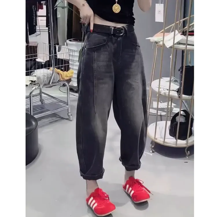 高腰直筒牛仔裤女2025秋季新款大码洋气百搭宽松九分哈伦老爹裤子