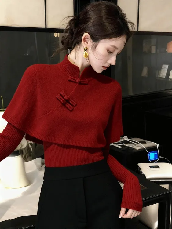 新中式红色斗篷盘扣毛衣2025秋冬高级感上衣轻熟气质巨好看针织衫