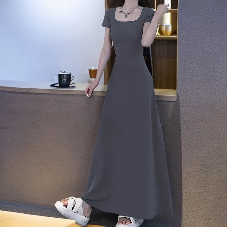 美拉德夏季方领连衣裙显瘦短袖气质长裙女2024新款法式收腰长裙