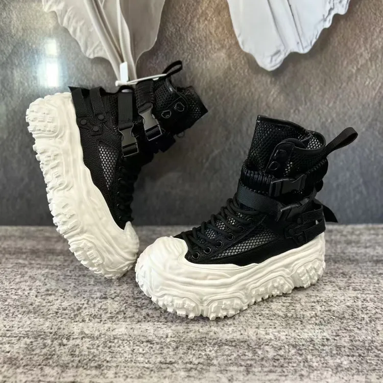 马丁靴夏款透网跟高6厘米黑色白色系带腰带酷酷风冰凉夏季款90961